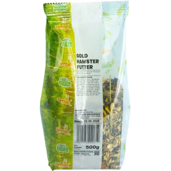 Goldhamsterfutter 500g Ein 500g Beutel GetZoo Gold Hamsterfutter mit einer Mischung aus Samen, Gemüse und Nüssen. Wichtige Zutaten sind Getreide und Trockenfrüchte.