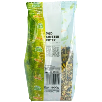 Ein 500g Beutel GetZoo Gold Hamsterfutter mit einer Mischung aus Samen, Gemüse und Nüssen. Wichtige Zutaten sind Getreide und Trockenfrüchte.