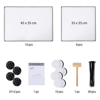 Bild von Haustierlagerbehältern, die zwei Größen zeigen: 12 Stück von 45x35 cm und 8 Stück von 35x35 cm, mit Montagewerkzeugen und Anleitungen.