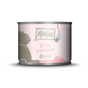 MJAMJAM Kitten-Dosenfutter, pinkes Etikett mit Katzensilhouette; sichtbarer Text 'MJAMJAM', 'KITTEN', 'Saftiges Hühnchen'.