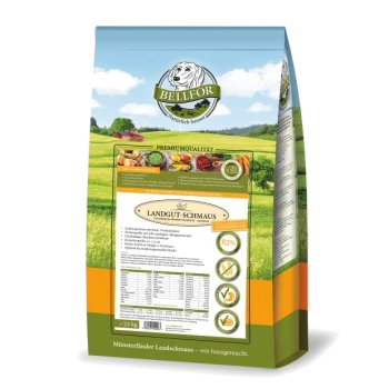 Eine Tüte Bellfor Hundefutter, "Landgut-Schmaus", mit einem malerischen Landschaftsdesign und Premium-Qualitätsansprüchen.