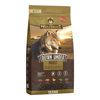 Wolfsblut Down Under Adult Hundefutterbeutel mit Wolfsbild, Black Angus Rindfleisch, Süßkartoffeln, 12,5 kg, recycelbare Verpackung.