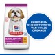 Hondenvoerzak met een Shih Tzu, gelabeld 'Hill's Science Plan Mature Adult 7+ Small & Mini,' met tekst in het Nederlands over energie en orgaanondersteuning.