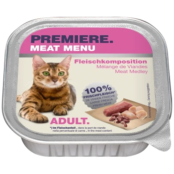 Meat Menu Adult Fleischkomposition 16x100 g Verpackung für Katzenfutter mit einer Bengal-Katze, beschriftet mit 'Premiere Meat Menu', mit Text, der '100% Frisches Fleisch' und 'Erwachsene' angibt.