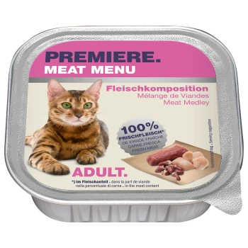 Verpackung für Katzenfutter mit einer Bengal-Katze, beschriftet mit 'Premiere Meat Menu', mit Text, der '100% Frisches Fleisch' und 'Erwachsene' angibt.