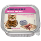 Verpackung für Katzenfutter mit einer Bengal-Katze, beschriftet mit 'Premiere Meat Menu', mit Text, der '100% Frisches Fleisch' und 'Erwachsene' angibt.