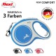 Blaue flexi Hundeleine mit der Aufschrift "NEW COMFORT", erhältlich in drei Farben, mit einem Logo, das "Original flexi® Qualität, Made in Germany" anzeigt.