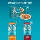 Verpackung von Purina ONE Katzenfutter mit einem Teller für Nassfutter. Text: "Was ist enthalten?" Geschmäcker: "Huhn und grüne Bohnen," "Rind und Karotten."