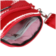 Rote Haustier-Zubehörtasche mit einem Reißverschlussfach, mit einem gestreiften Innenraum und einem abnehmbaren Tragegurt.