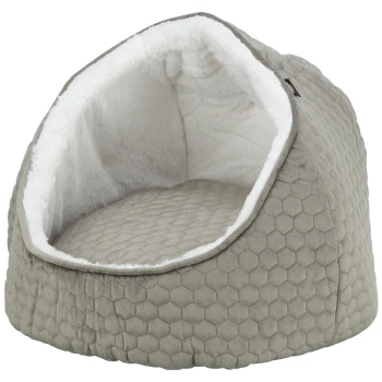 Kuschelhöhle Livia taupe/ creme M Gemütliches graues Haustierbett mit einem sechseckigen Muster und weichem weißen Innenraum, mit einem höhlenartigen Design für Haustiere zum Einkuscheln.