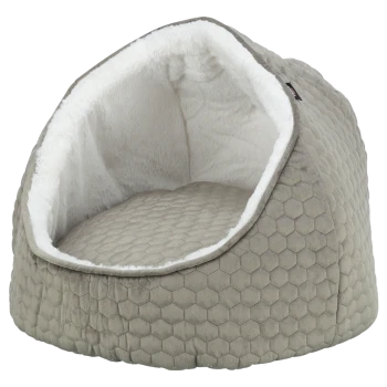 Gemütliches graues Haustierbett mit einem sechseckigen Muster und weichem weißen Innenraum, mit einem höhlenartigen Design für Haustiere zum Einkuscheln.