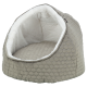 Gemütliches graues Haustierbett mit einem sechseckigen Muster und weichem weißen Innenraum, mit einem höhlenartigen Design für Haustiere zum Einkuscheln.