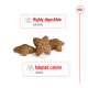 Star-shaped pet food pieces with text highlighting "Highly digestible nutrients" and "Adapted calorie content."