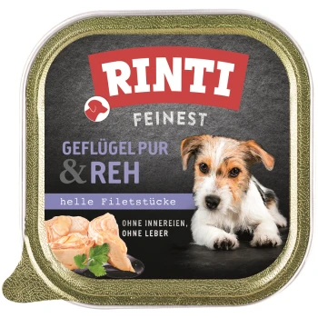 RINTI Feinst Geflügelpur & Reh Hundefutterverpackung mit hellen Fleischstücken, mit einem Hinweis, der besagt 'ohne Innereien, ohne Leber'.