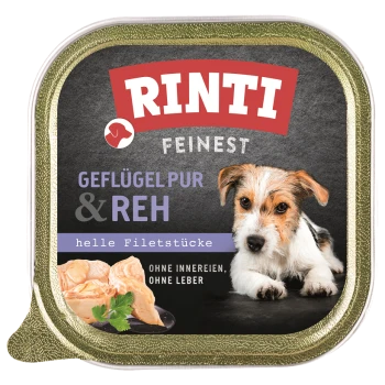 RINTI Feinst Geflügelpur & Reh Hundefutterverpackung mit hellen Fleischstücken, mit einem Hinweis, der besagt 'ohne Innereien, ohne Leber'.