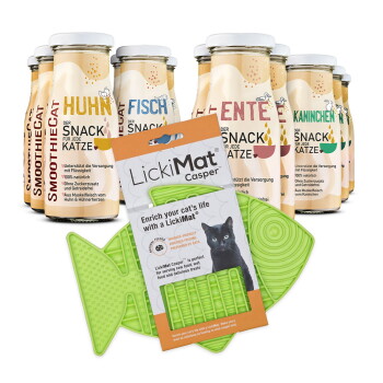 Grüner, fischförmiger LickiMat Casper Katzenfütterer mit Verpackung und verschiedenen SmoothieCat flüssigen Katzensnacks in Glasflaschen.