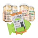 Grüner, fischförmiger LickiMat Casper Katzenfütterer mit Verpackung und verschiedenen SmoothieCat flüssigen Katzensnacks in Glasflaschen.