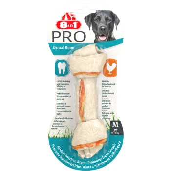 Delights Dental Kauknochen Zahnpflege M 1 Stück 8in1 PRO Dental Bone für mittelgroße Hunde (10-25 kg) mit Hühnerfüllung; reduziert Plaque und fördert frischen Atem.