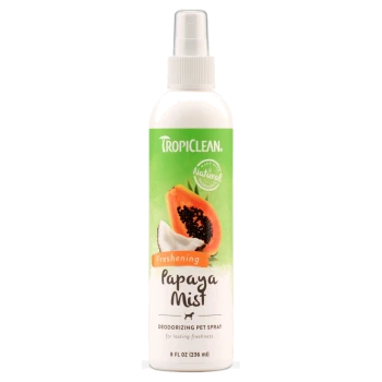 TropiClean Papaya Mist deodorizing pet spray, 8 fl oz, with papaya and coconut design, labeled "Freshening" and "Natural Ingredients."