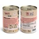 Beige Dosen-Hundefutterverpackung mit rosa Akzenten, die "SOOOO LECKER!" und "100% PUR 100% ECHT 100% FUTTER" angibt. Nährwertinformationen auf der Rückseite.
