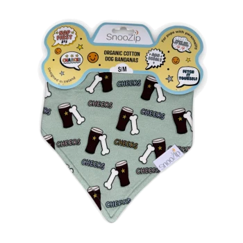 SnooZip organic cotton dog bandana S/M — mint bandana with beer-and-bone print and repeated "CHEERS" text, packaged.
