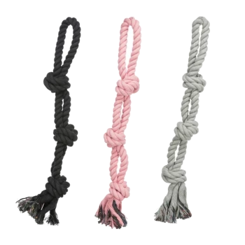 Drei Hundeseilspielzeuge in Schwarz, Pink und Grau, jedes mit einem geknoteten Design und ausgefransten Enden zum Kauen und Ziehen.