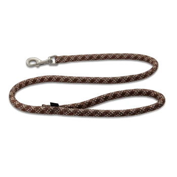 Braun-beige geflochtene Hundeseil-Leine mit Metallverschluss auf weißem Hintergrund.