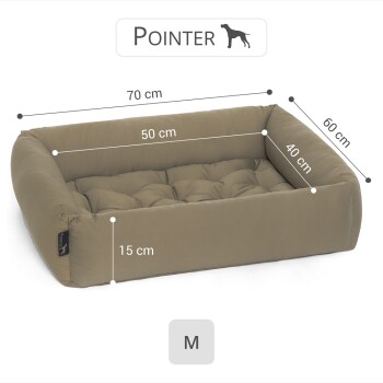 Hundebett in neutraler Farbe, Abmessungen beschriftet: 70 cm (Länge), 50 cm (Breite), 40 cm (Höhe), 15 cm (Seitenhöhe), gekennzeichnet als Größe M.