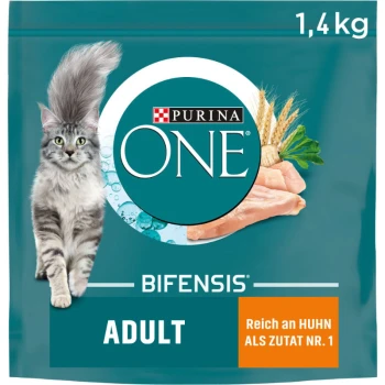 Purina ONE Bifensis Katzenfutter für Erwachsene, 1,4 kg Beutel, mit einer grauen Katze und dem Text "Reich an Huhn als Zutat Nr. 1."