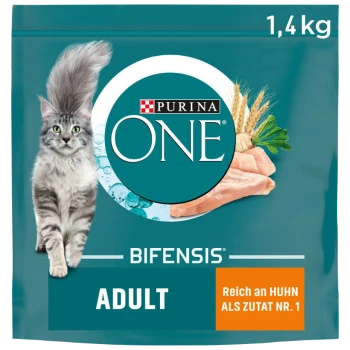 Purina ONE Bifensis Katzenfutter für Erwachsene, 1,4 kg Beutel, mit einer grauen Katze und dem Text "Reich an Huhn als Zutat Nr. 1."