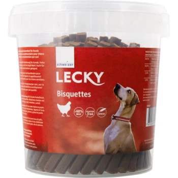 Klarer Behälter mit 'LECKY Bisquettes' Hundeleckerlis, mit einem Hund, Hühnersymbol und Text, der 60% Fleisch und glutenfrei angibt.