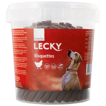 Klarer Behälter mit 'LECKY Bisquettes' Hundeleckerlis, mit einem Hund, Hühnersymbol und Text, der 60% Fleisch und glutenfrei angibt.