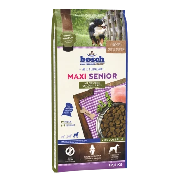 Bosch Maxi Senior Hundefutterbeutel, 12,5 kg, mit einem Hund auf der Vorderseite, der Text hebt frisches Geflügel und Reis, Protein- und Fettgehalt hervor.