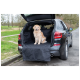 Ein Golden Retriever sitzt auf einer schwarzen Tiertransportmatte im Kofferraum eines schwarzen SUVs, der auf einer Straße mit Grün im Hintergrund geparkt ist.