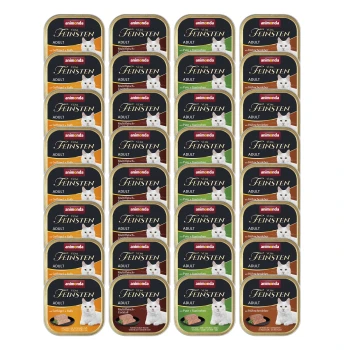 vom Feinsten Adult Mixpaket 32x100g Geflügel Auswahl Eine Anzeige mehrerer Dosen Animonda von Feinsten Katzenfutter, mit verschiedenen Geschmacksrichtungen wie Huhn, Truthahn und Kaninchen, gekennzeichnet mit "ADULT."