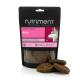 Schwarzer Nutriment Natural Treats Beutel mit Aufschrift 'Gourmet-Burgers Wild', Husky-Bild und runden Trainingssnack-Patties.