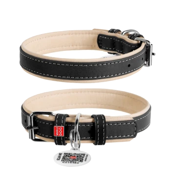 Two black dog collars with beige padding, metal buckles, red "WAU DOG" tab and round QR tag reading "SCAN ME"