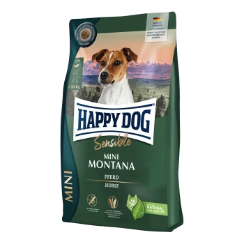 Happy Dog Sensible Mini Montana Hundefutterbeutel mit einem Hund auf der Vorderseite, beschriftet mit "Pferd" und "Mini", mit einem natürlichen Thema.
