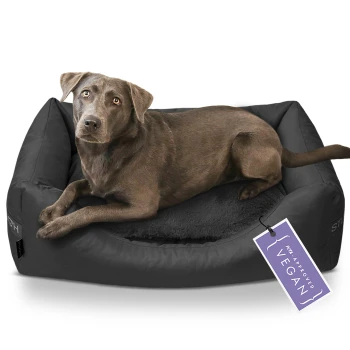 Ortho Hundebett Perfect Dreams anthrazit S Ein brauner Hund liegt auf einem schwarzen Haustierbett mit weichem Innenraum, mit einem Etikett, das 'Ich bin stolz vegan' liest.