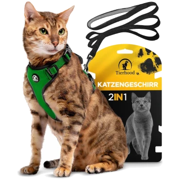 Eine Bengal-Katze mit einem grünen Geschirr sitzt neben einer Verpackung mit der Aufschrift "Tierhood Katzengeschirr 2IN1", die ein Bild einer anderen Katze zeigt.