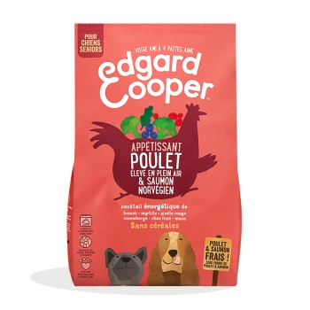 Sac de nourriture pour chien Edgard Cooper rouge avec des illustrations de poulet, deux chiens, et le texte : "Appétissant Poulet & Saumon Norvégien" et "Sans céréales."