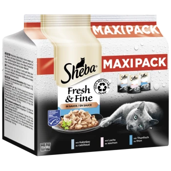 Sheba Fresh & Fine Katzenfutter Maxi-Pack, mit einer grauen Katze neben einem Teller mit Nassfutter in Sauce, mit Verpackungsdetails und einem Recycling-Symbol.
