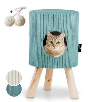 Ein gemütliches türkisfarbenes Katzenhaus mit einer runden Öffnung, aus dem eine getigerte Katze herausblickt. Enthält zwei Seilbälle und Farboptionen: weiß und türkis.