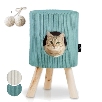 Ein gemütliches türkisfarbenes Katzenhaus mit einer runden Öffnung, aus dem eine getigerte Katze herausblickt. Enthält zwei Seilbälle und Farboptionen: weiß und türkis.