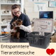 Tierarzt hält eine braun getigerte Katze auf dem Untersuchungstisch neben einer grauen Transportbox mit einem Kätzchen; Text: 'Entspanntere Tierarztbesuche' und rotes Herz