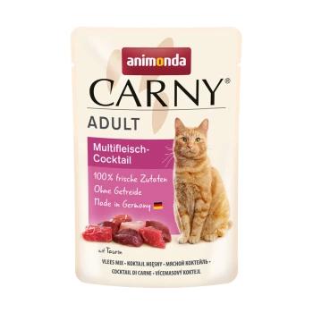 Tüte Animonda Carny Adult Katzenfutter mit einer getigerten Katze, beschriftet mit "Multifleisch-Cocktail", mit frischen Zutaten und "Hergestellt in Deutschland."