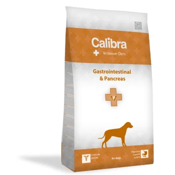 Calibra Veterinary Diets Hundefutterbeutel mit der Aufschrift "Gastrointestinal & Bauchspeicheldrüse," mit einem Tierarztsymbol und Ansprüchen auf Verdauungsunterstützung.