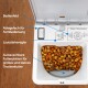 Automatischer Futterspender für Haustiere mit Bedienfeld, fernbedienbarem Stauraum, Lautstärkeregelung und austauschbaren Futterschalen für verschiedene Futtergrößen.