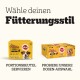 Wähle deinen Fütterungsstil: links eine Packung Pedigree Portionsbeutel mit Geflügel, rechts eine Auswahl an Dosen mit Hundefutter.