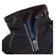 Schwarze Haustierjacke mit hohem Kragen und blauer Fütterung, ausgestattet mit einem Reißverschluss und verstellbaren Schnallen für eine sichere Passform.